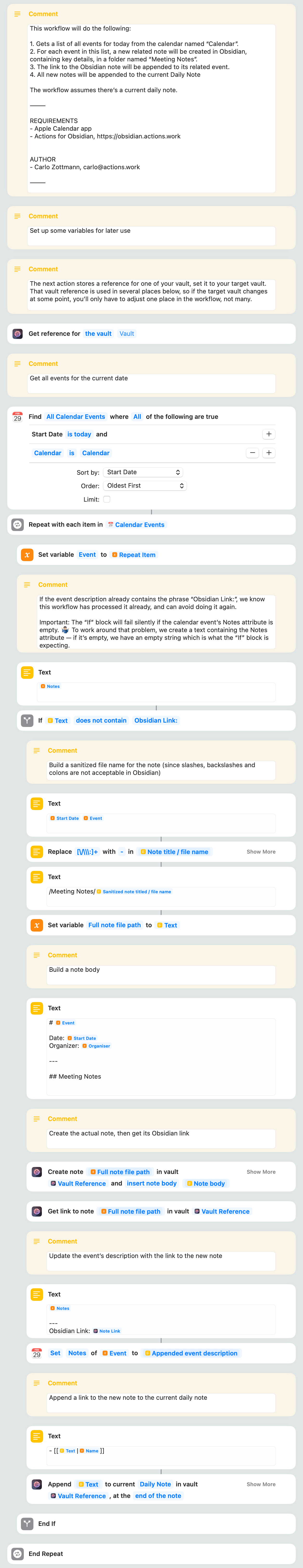 ️ Notes for Calendar Events Actions for Obsidian Knowledge Base
